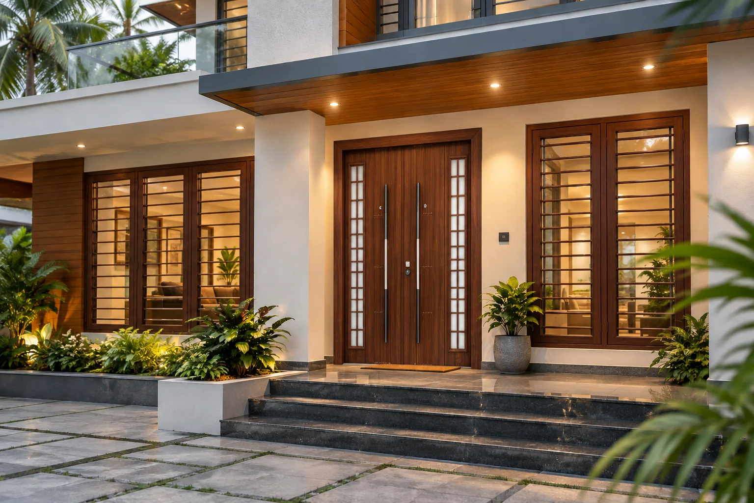 Walnut-finish steel double door with glass sidelights at a modern Kerala home