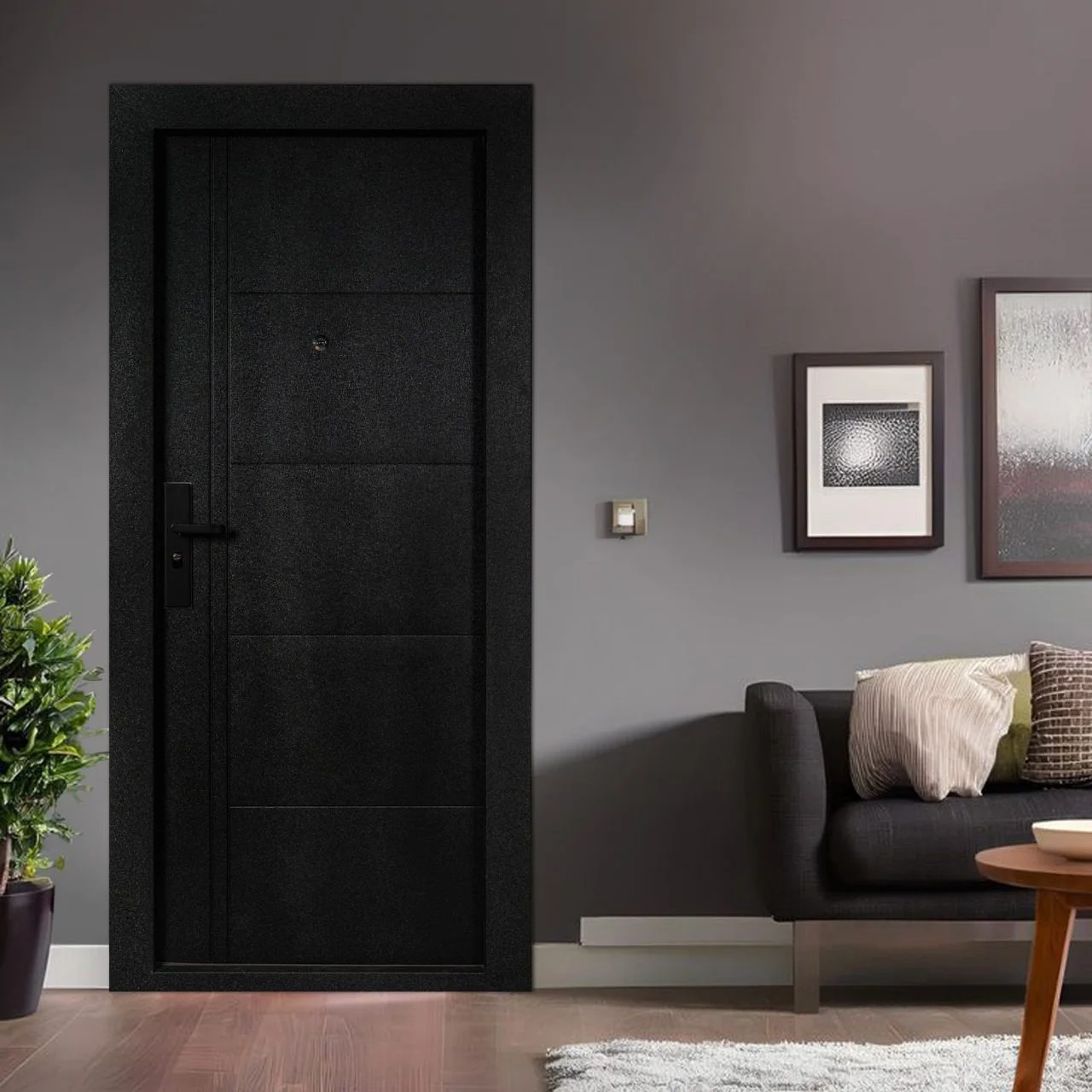 Matte black steel door in a modern grey living room