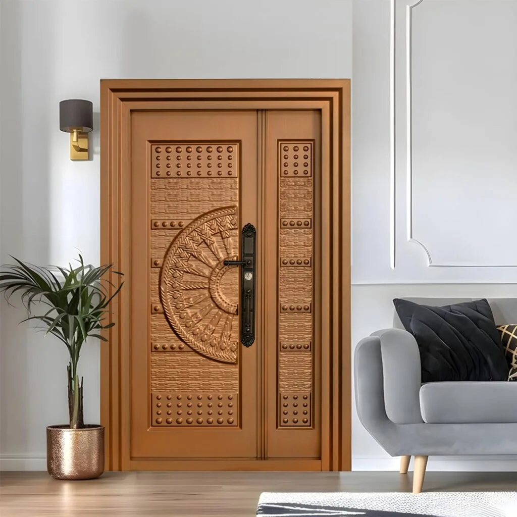 Copper-finish steel twin door with sunburst carving in a bright living room