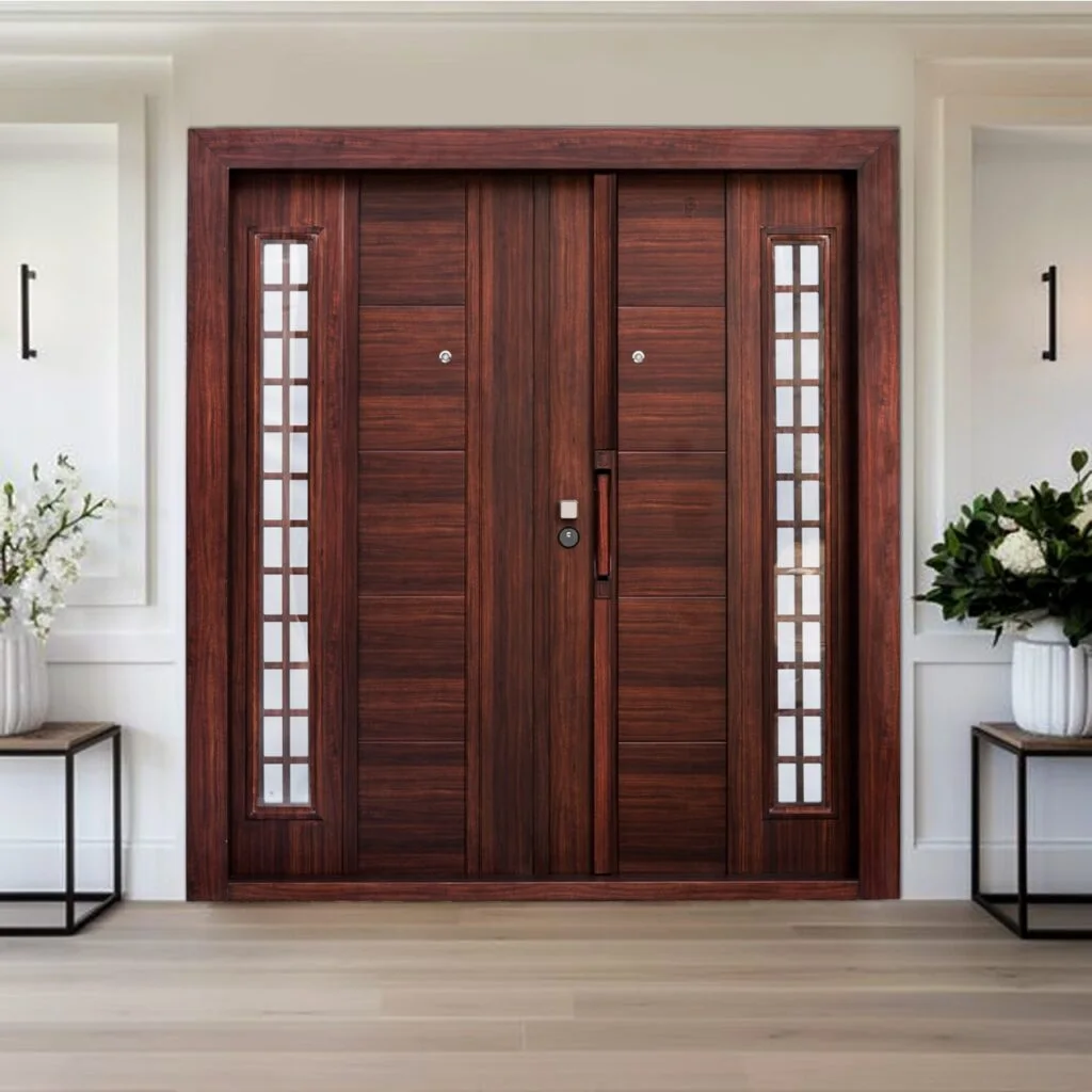 Mahogany-finish steel double door with twin glass sidelights