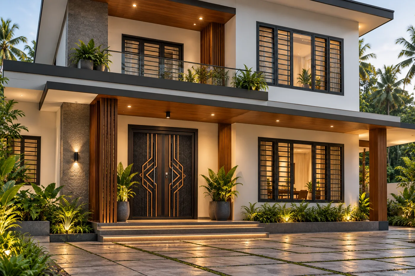 Modern Kerala home with black steel windows and a matching black and copper steel main door