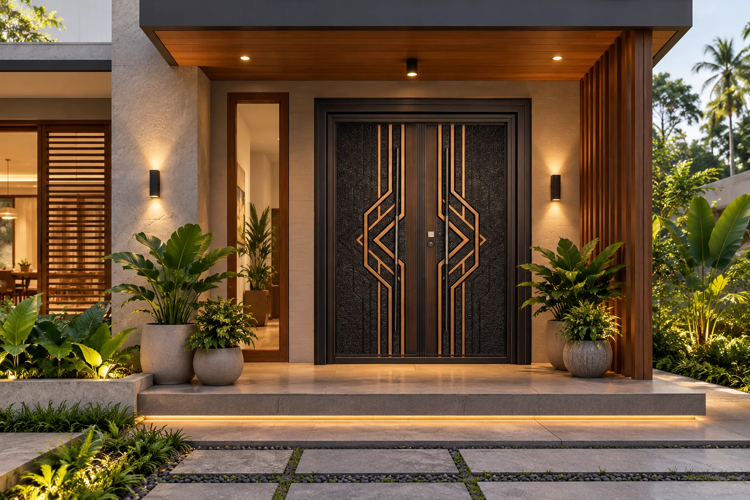 Black and copper steel double door at the entrance of a modern Kerala home
